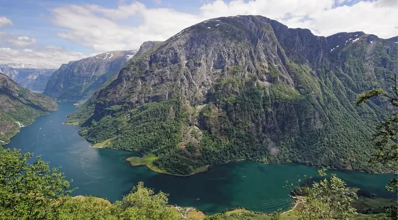 Aerial view of the UNESCO-listed Nærøyfjord winding between green mountains