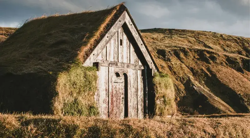 A traditional Norwegian turf-roofed timber house